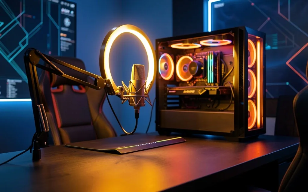 Configuración de transmisión con micrófono, luz de anillo y escritorio oscuro