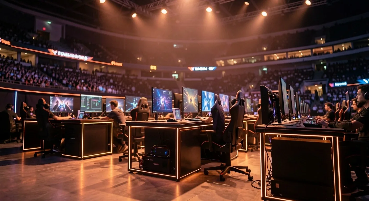 Escenario de competición de e-sports con iluminación ámbar y público