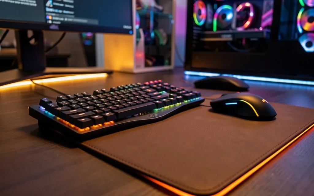 Estación de trabajo limpia con tema oscuro y teclado mecánico