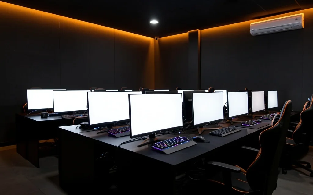 Interior del club Unvarion con estaciones de trabajo y luz ámbar