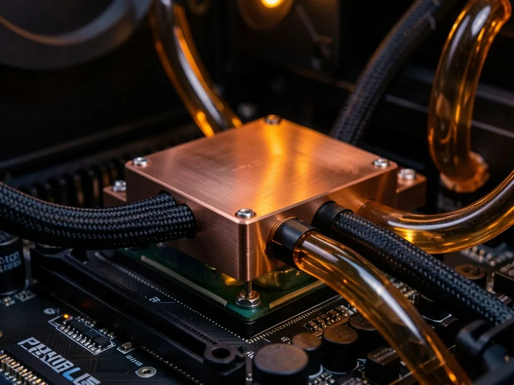 Interior de computador de alto rendimiento con bloques de agua y cableado personalizado