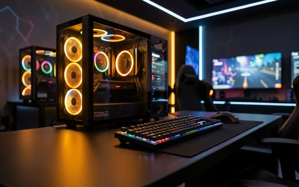 Interior del club Unvarion con estaciones de trabajo iluminadas en tonos bronce