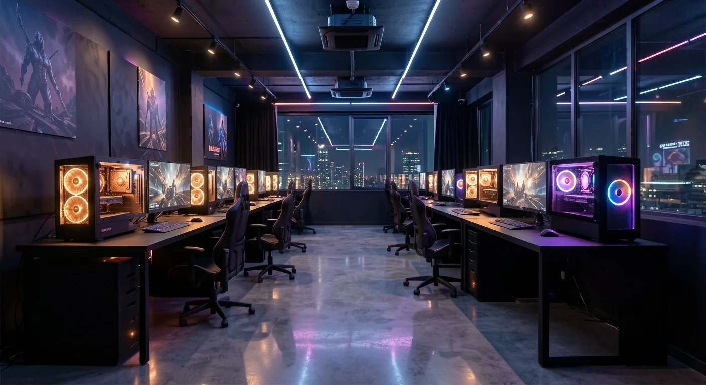 Interior de Unvarion Computer Club con estaciones de trabajo de alto rendimiento bajo iluminación ambiental bronce