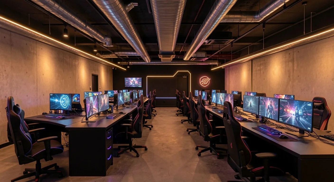Interior del club de computación Unvarion con estaciones de trabajo y climatización industrial