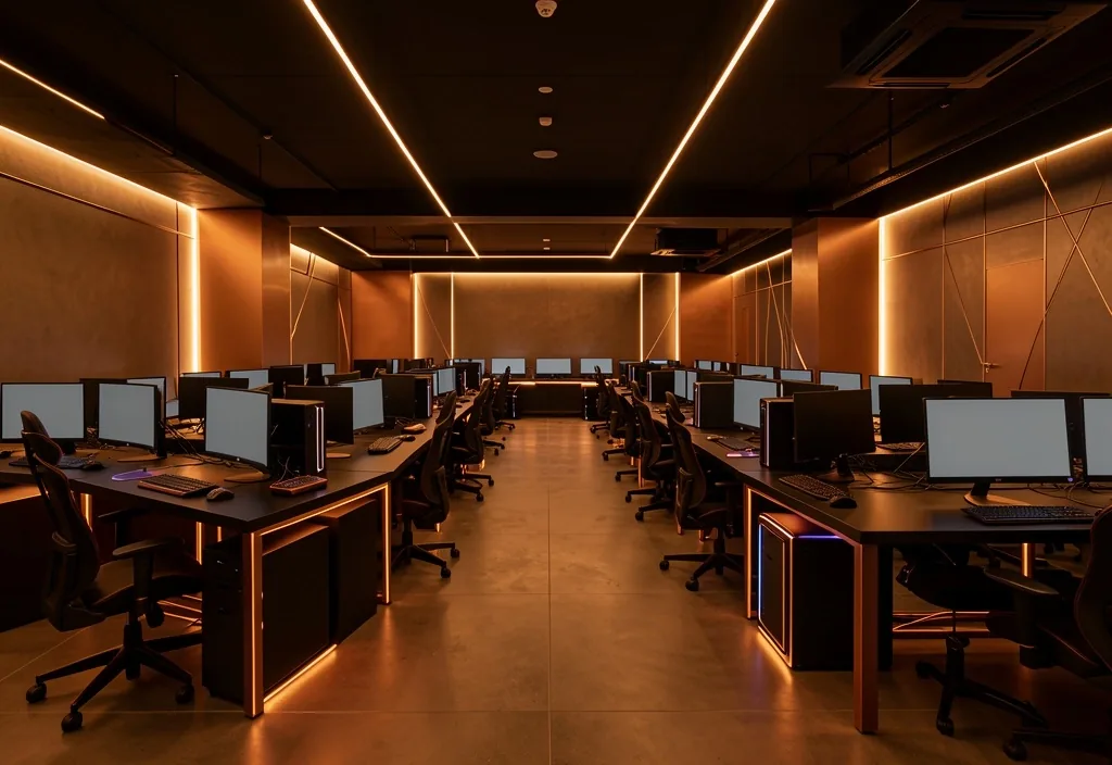 Salas de trabajo de Unvarion con estaciones alineadas bajo iluminación bronze