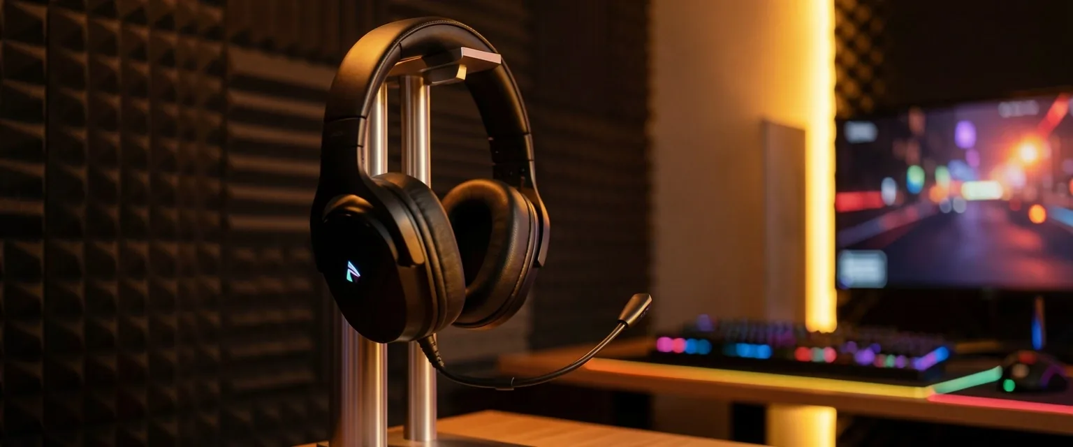 Auriculares de alta fidelidad con micrófono de cancelación de ruido en una estación Unvarion