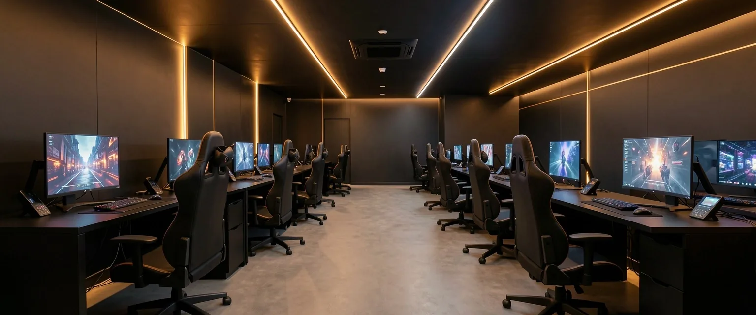 Interior del club Unvarion con filas de estaciones de alto rendimiento bajo iluminación bronze