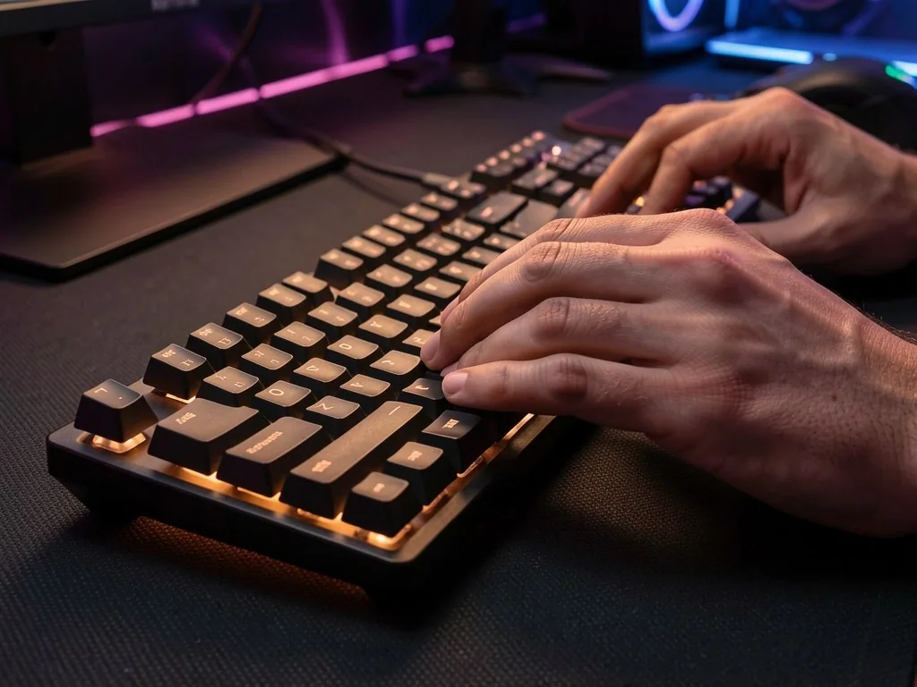 Manos escribiendo en un teclado mecánico en una estación de Unvarion